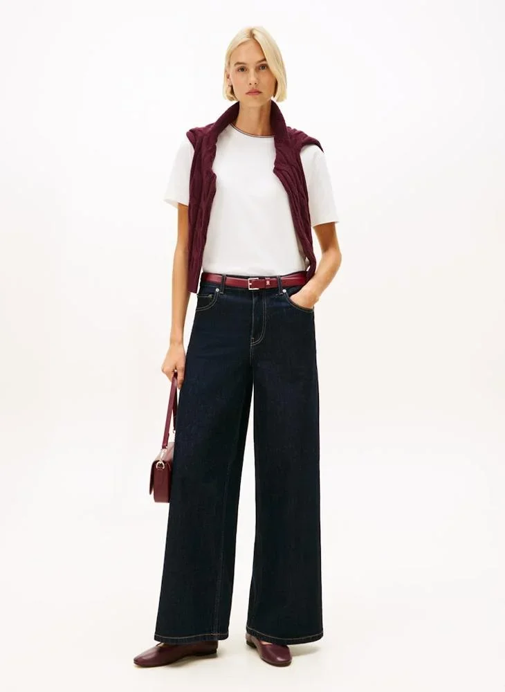 Tommy Hilfiger İkonik Şeritli Pike Bisiklet Yaka Kısa Kollu Kadın Beyaz T-shirt WW0WW47310YBL