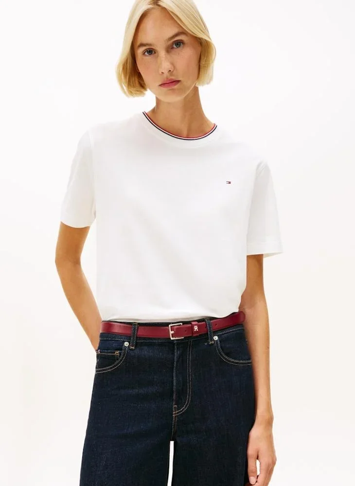 Tommy Hilfiger İkonik Şeritli Pike Bisiklet Yaka Kısa Kollu Kadın Beyaz T-shirt WW0WW47310YBL