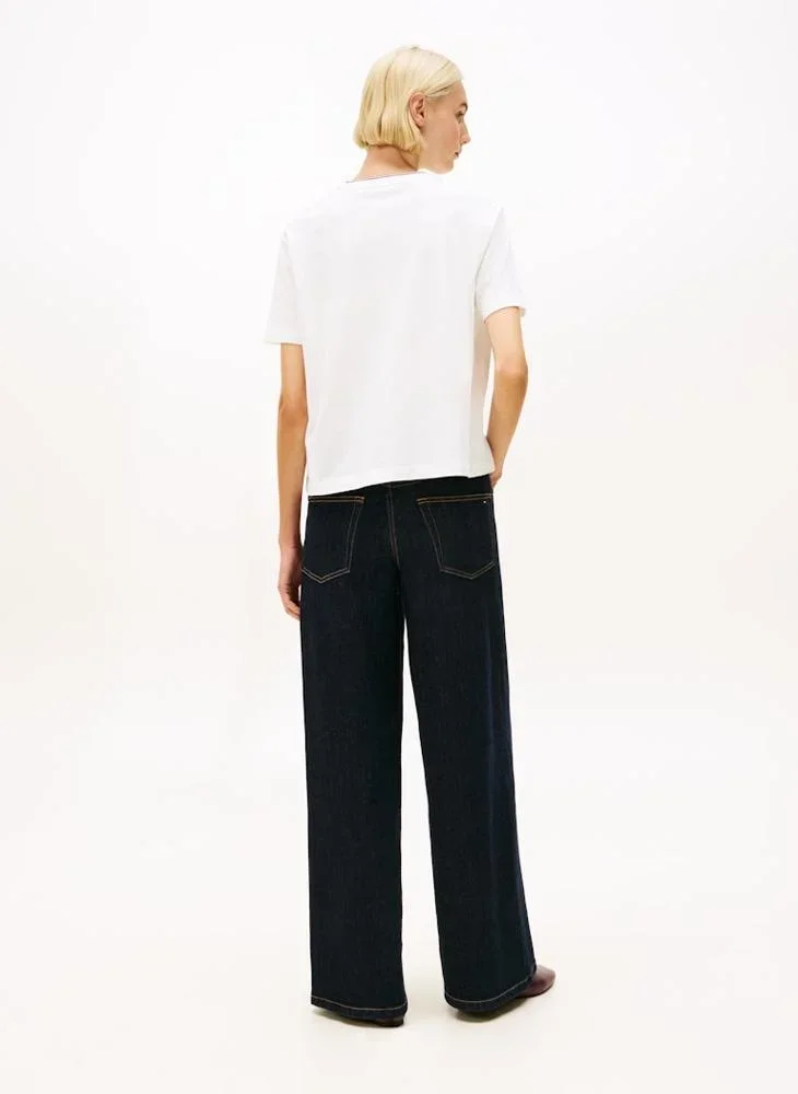 Tommy Hilfiger İkonik Şeritli Pike Bisiklet Yaka Kısa Kollu Kadın Beyaz T-shirt WW0WW47310YBL