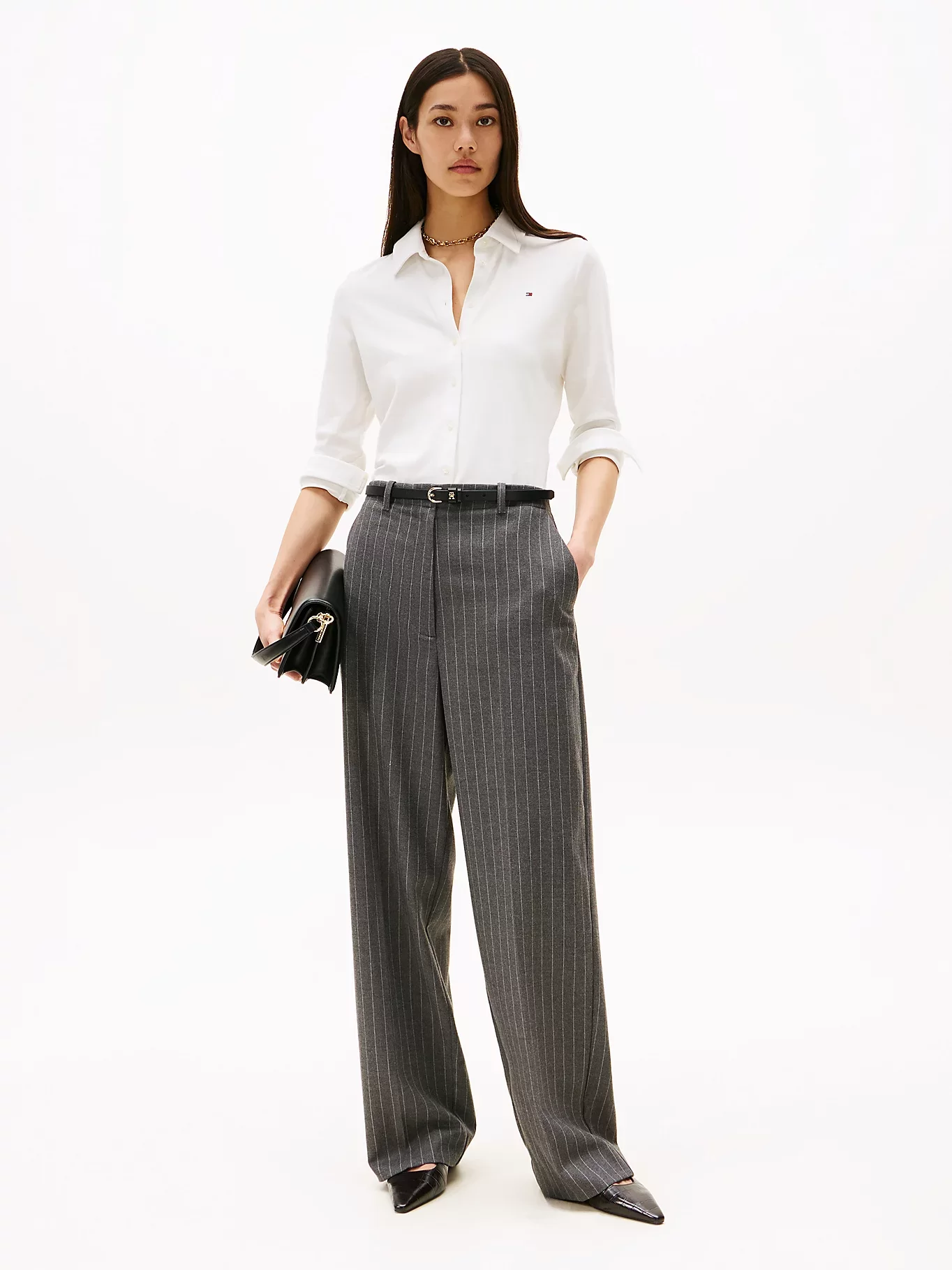 Tommy Hilfiger Kadın 1985 Dar Kesim Pike Uzun Kollu Beyaz Gömlek WW0WW43528YBL