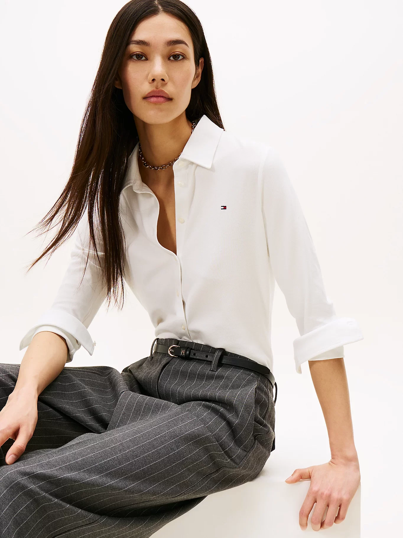 Tommy Hilfiger Kadın 1985 Dar Kesim Pike Uzun Kollu Beyaz Gömlek WW0WW43528YBL