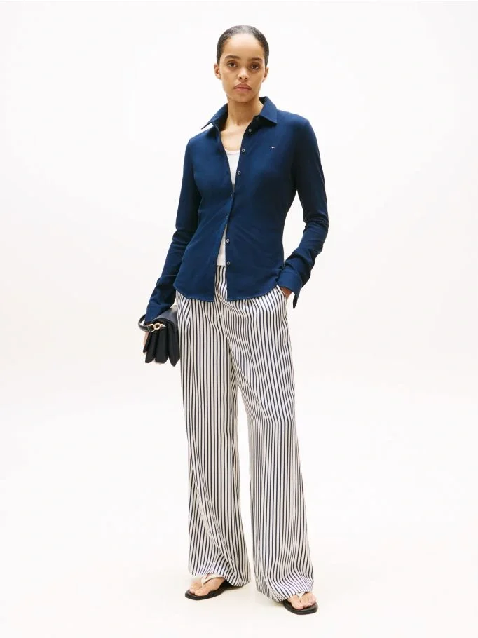 Tommy Hilfiger Kadın 1985 Dar Kesim Pike Uzun Kollu Mavi Gömlek WW0WW43528C1G
