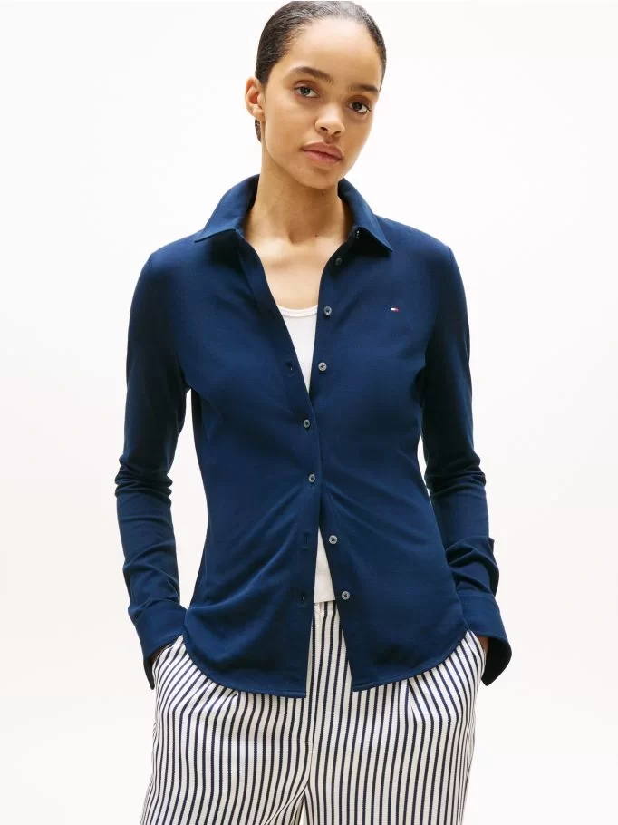 Tommy Hilfiger Kadın 1985 Dar Kesim Pike Uzun Kollu Mavi Gömlek WW0WW43528C1G