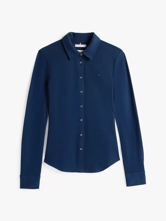 Tommy Hilfiger Kadın 1985 Dar Kesim Pike Uzun Kollu Mavi Gömlek WW0WW43528C1G