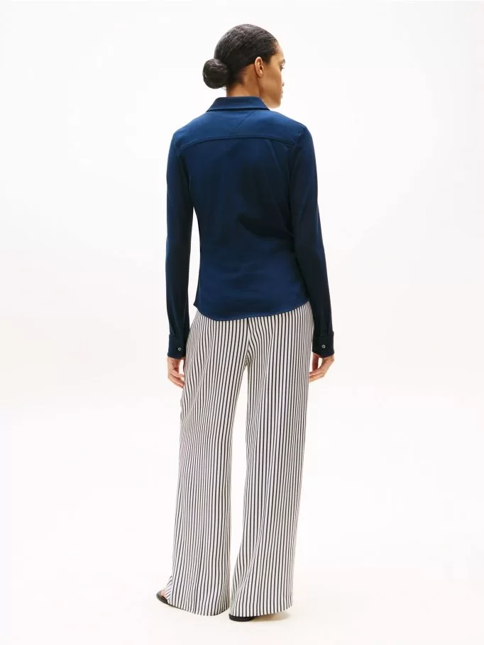 Tommy Hilfiger Kadın 1985 Dar Kesim Pike Uzun Kollu Mavi Gömlek WW0WW43528C1G
