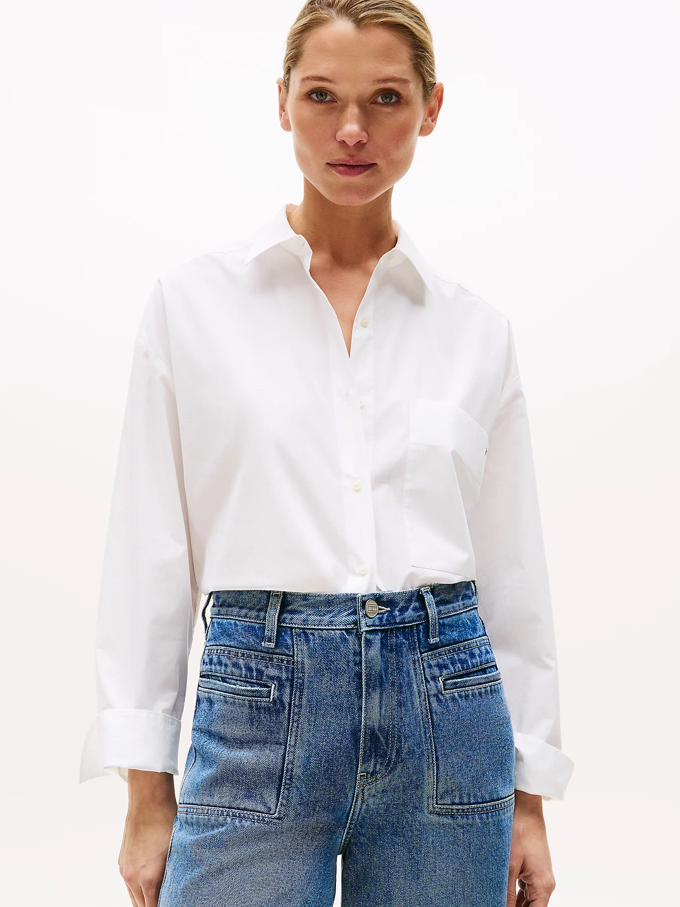 Tommy Hilfiger Kadın Klasik Poplin Rahat Kesim Beyaz Gömlek WW0WW45892YCF