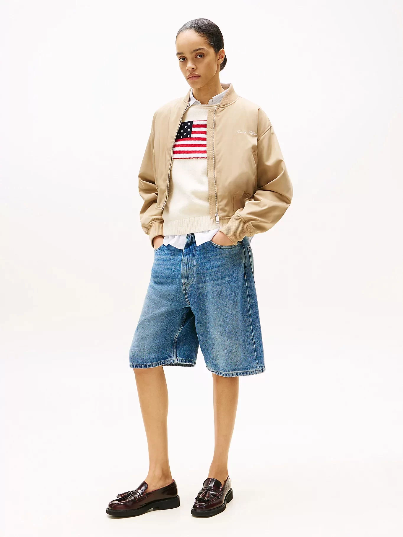 Tommy Hilfiger Kadın Naylon Normal Kesim Kısa Bej Bomber  Ceket WW0WW45634AEH