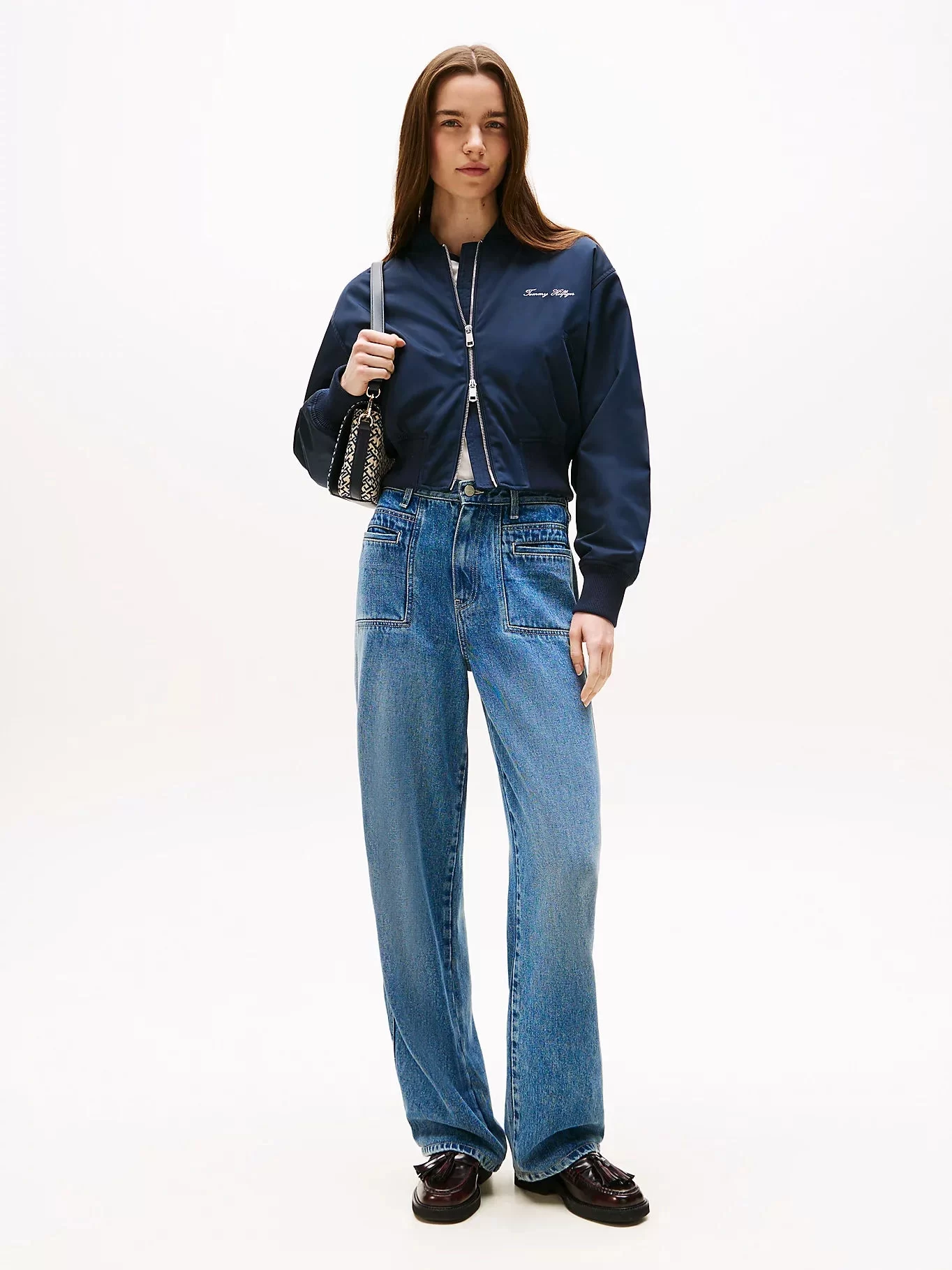 Tommy Hilfiger Kadın Naylon Normal Kesim Kısa Mavi Bomber  Ceket WW0WW45634C1G