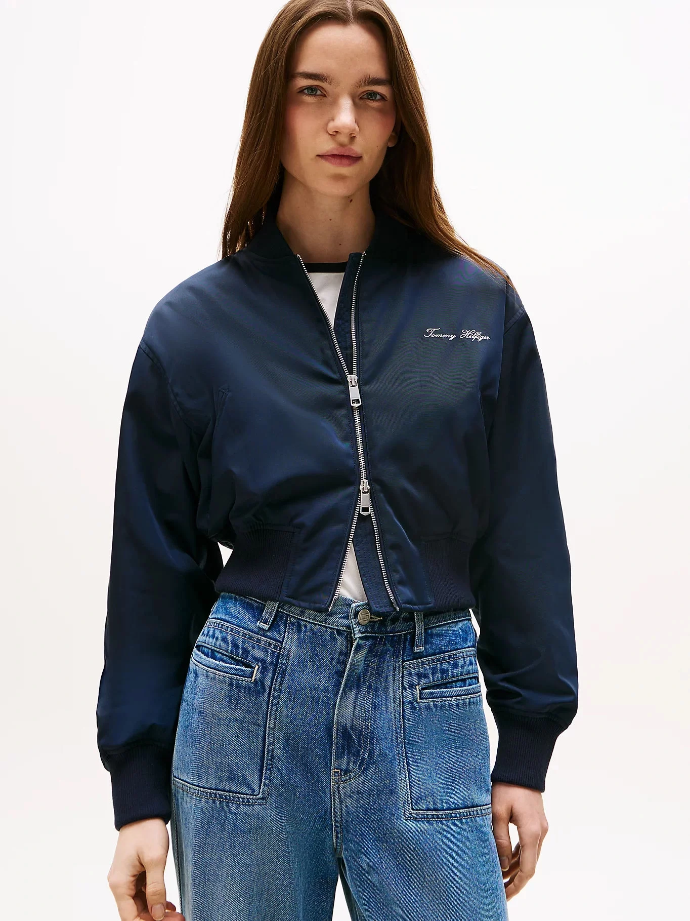 Tommy Hilfiger Kadın Naylon Normal Kesim Kısa Mavi Bomber  Ceket WW0WW45634C1G