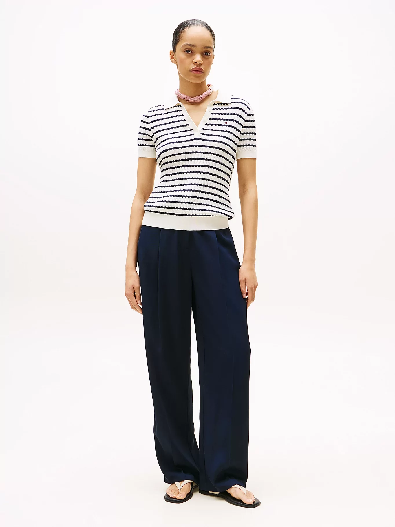 Tommy Hilfiger Kadın Pamuklu İnce Örgü Kısa Kollu Beyaz Polo Yaka  Kazak WW0WW414740FG
