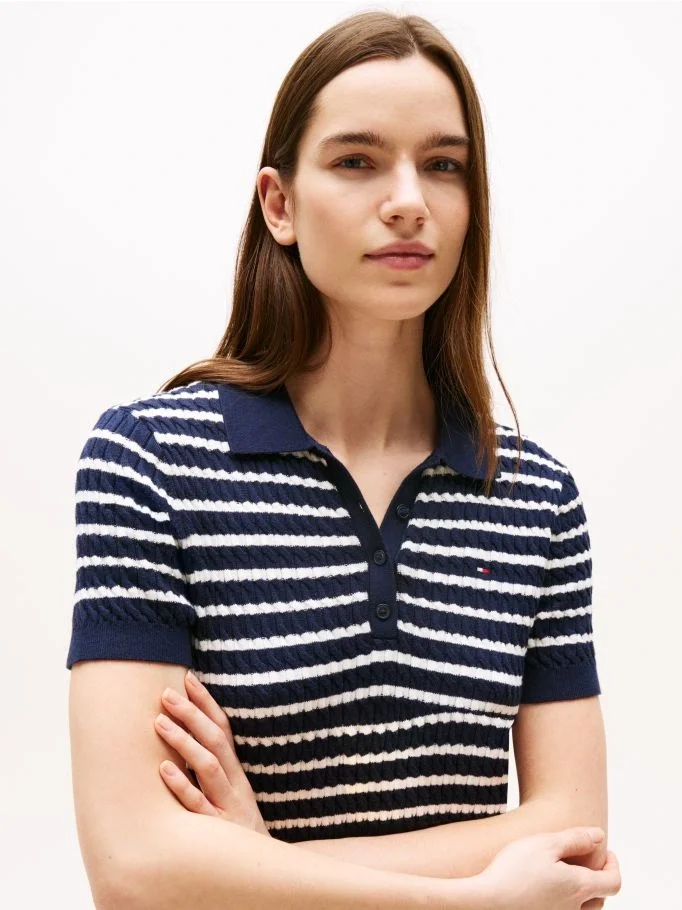 Tommy Hilfiger Kadın Pamuklu İnce Örgü Kısa Kollu Mavi Polo Yaka Kazak WW0WW414740BB