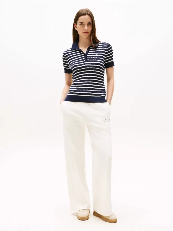 Tommy Hilfiger Kadın Pamuklu İnce Örgü Kısa Kollu Mavi Polo Yaka Kazak WW0WW414740BB