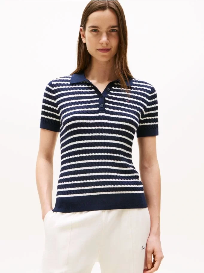 Tommy Hilfiger Kadın Pamuklu İnce Örgü Kısa Kollu Mavi Polo Yaka Kazak WW0WW414740BB