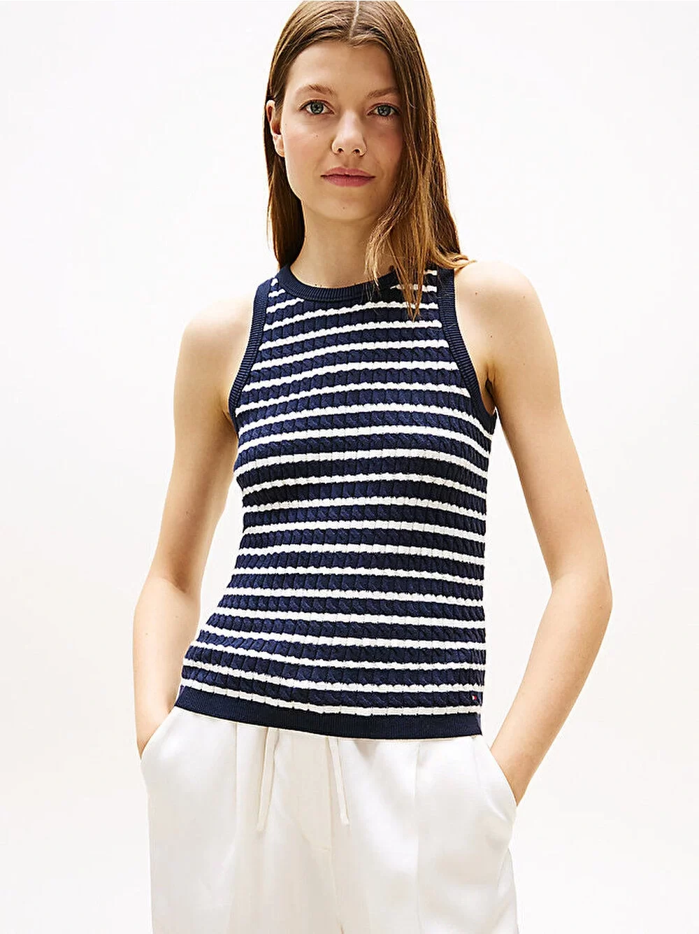 Tommy Hilfiger Kadın Pamuklu İnce Örgü Kolsuz Dar Kesim Mavi Kazak WW0WW457060BB