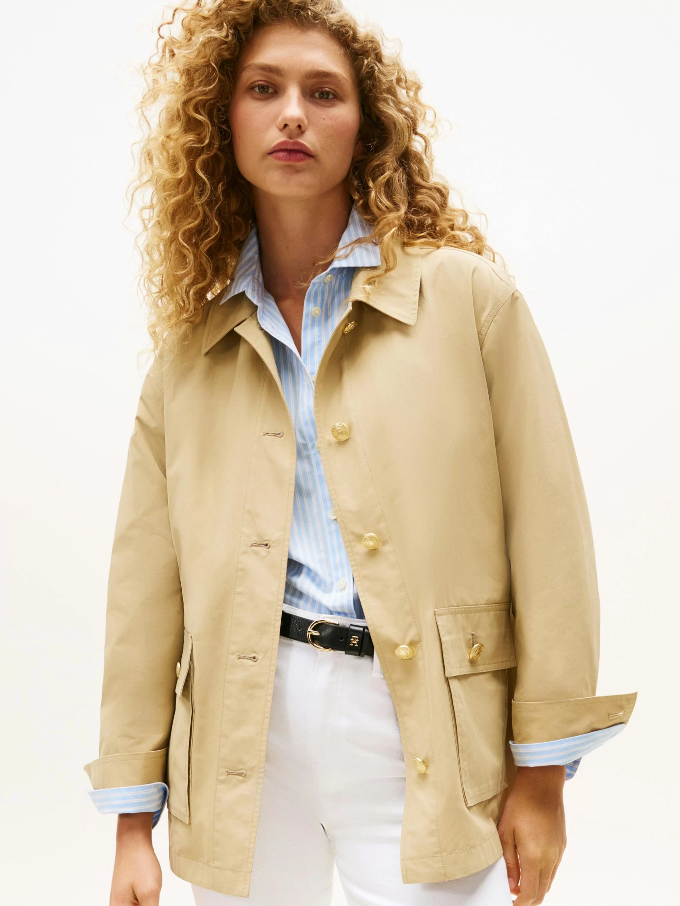 Tommy Hilfiger Kadın Pamuklu Naylon Normal Kesim Bej Safari  Ceket WW0WW45620AEX