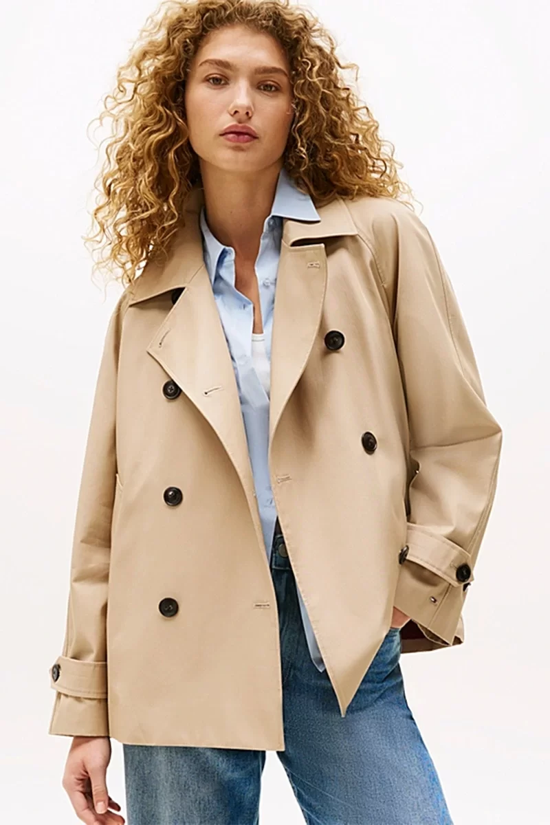 Tommy Hilfiger Kadın Pamuklu Normal Kesim Kısa Bej Mont WW0WW45618AEG