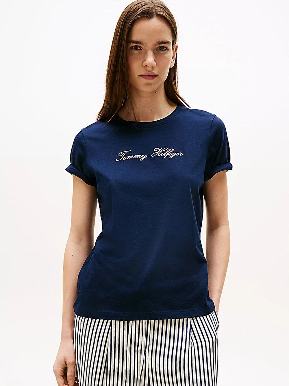 Tommy Hilfiger Kadın Simli Yazı Baskılı Normal Kesim Kısa Kollu Mavi T-shirt WW0WW47210C1G