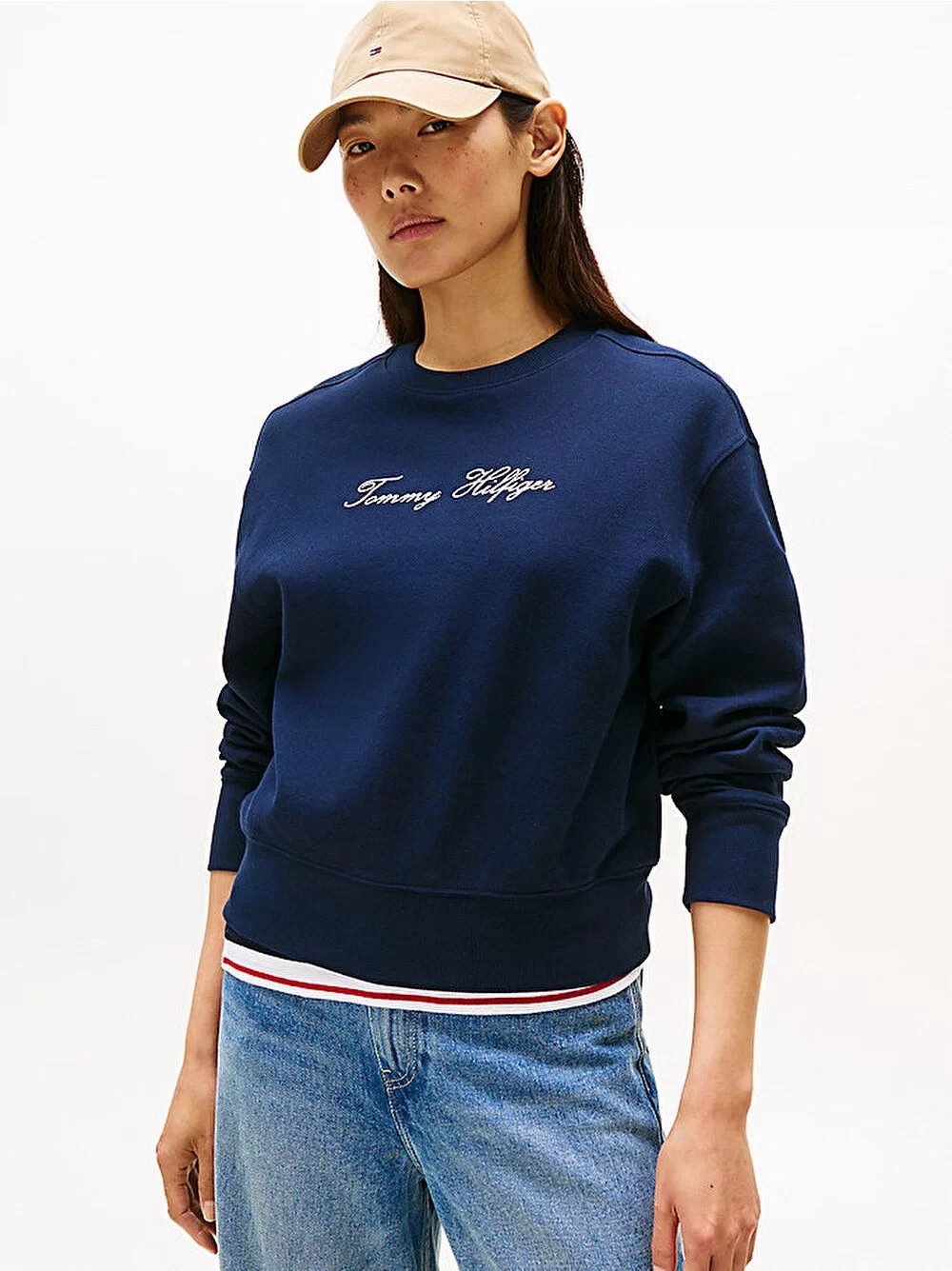 Tommy Hilfiger Kadın Simli Yazı Baskılı Normal Kesim Mavi Kazak WW0WW47159C1G