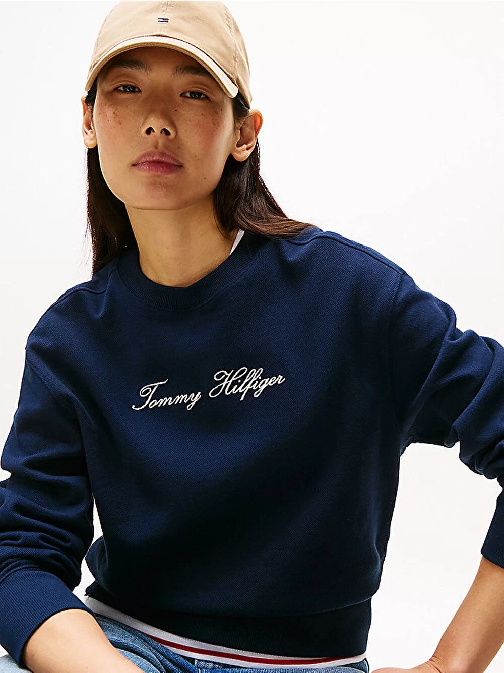 Tommy Hilfiger Kadın Simli Yazı Baskılı Normal Kesim Mavi Kazak WW0WW47159C1G