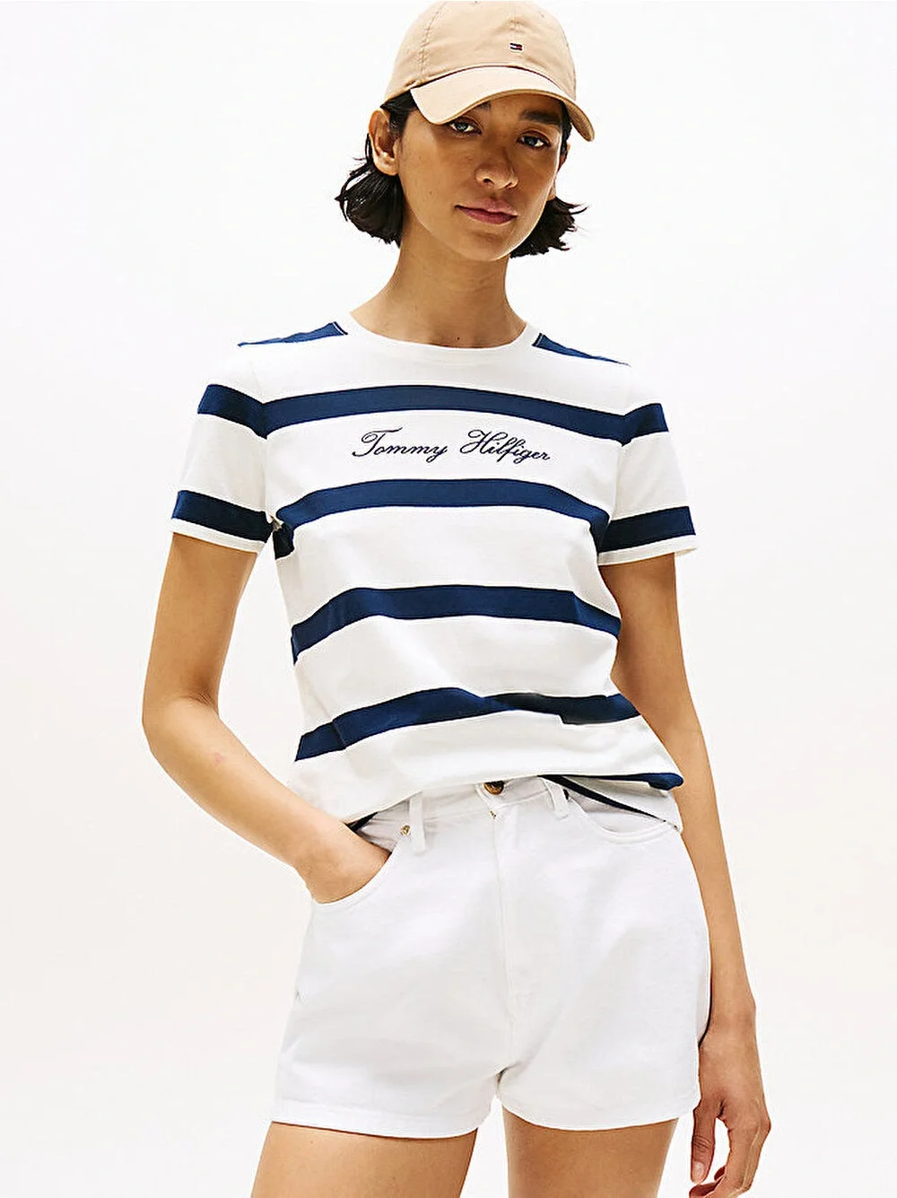 Tommy Hilfiger Kadın Yazı Baskılı Normal Kesim Bisiklet Yaka Mavi T-shirt WW0WW457460Y5