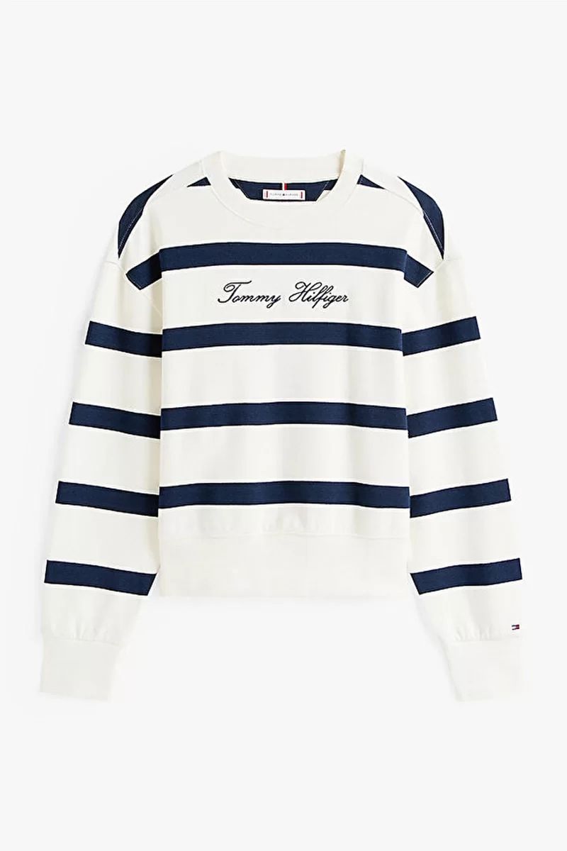 Tommy Hilfiger Kadın Yazı Baskılı Normal Kesim Pike Beyaz Kazak WW0WW457430FG