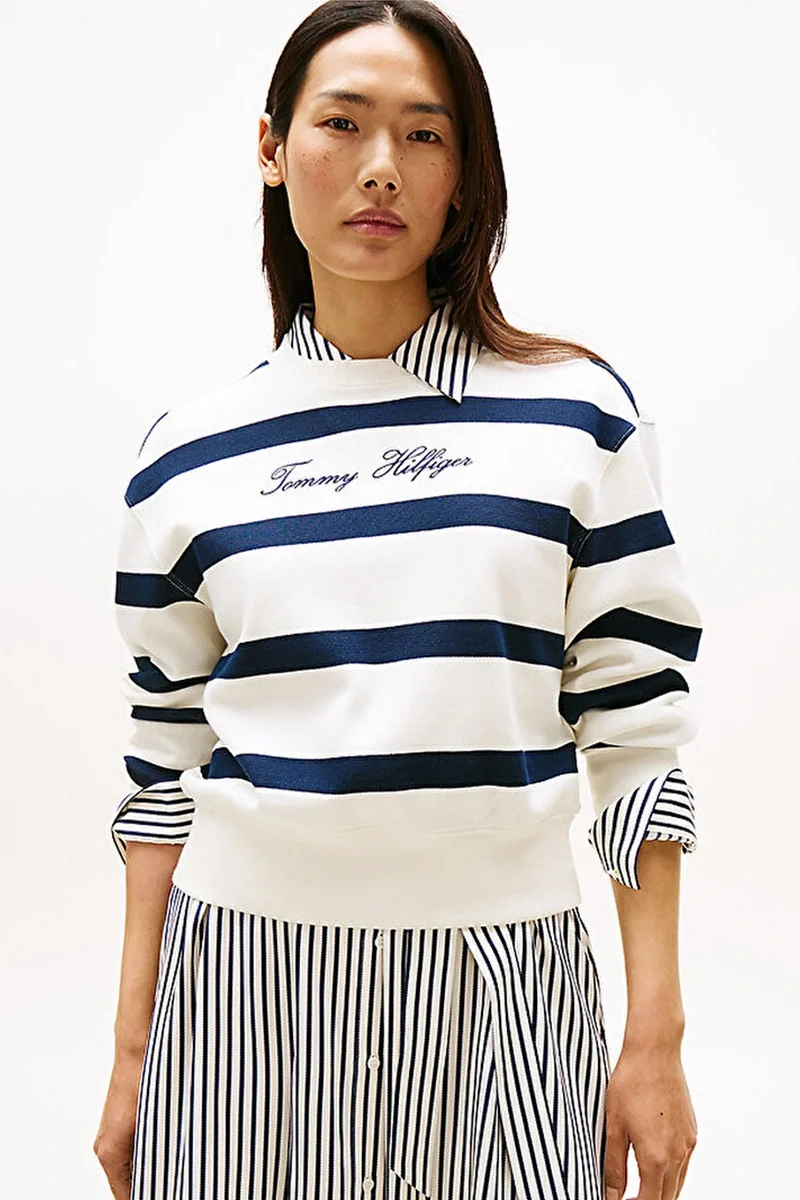 Tommy Hilfiger Kadın Yazı Baskılı Normal Kesim Pike Beyaz Kazak WW0WW457430FG