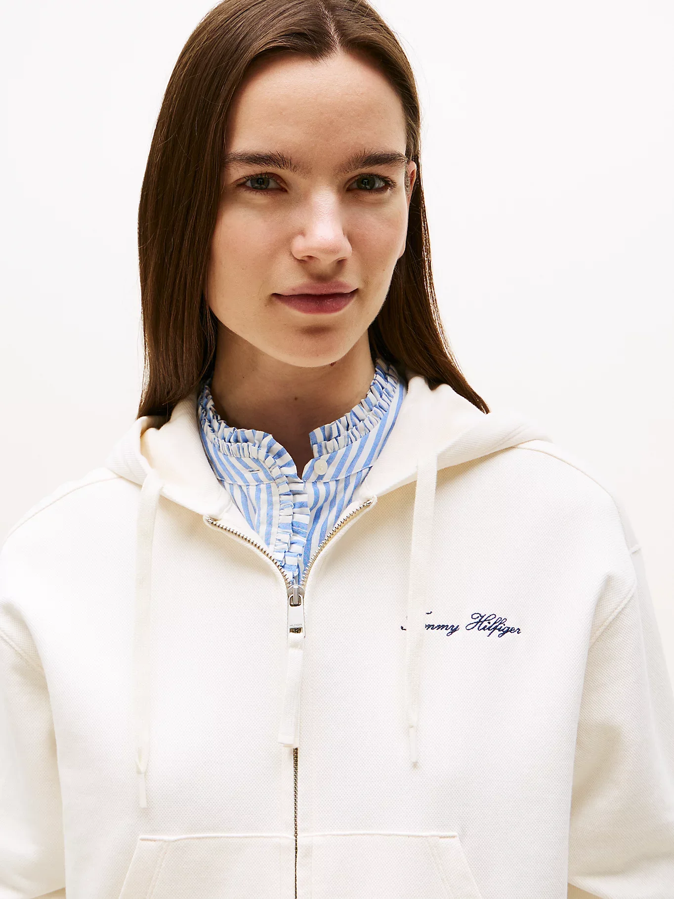 Tommy Hilfiger Kadın Yazı Baskılı Pike Fermuarlı Kapüşonlu Beyaz Sweatshirt WW0WW45742YA8