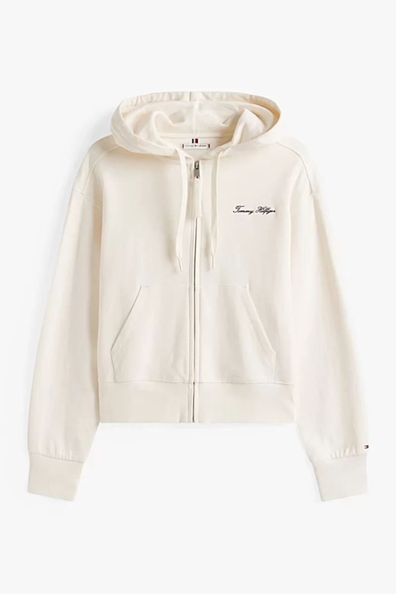Tommy Hilfiger Kadın Yazı Baskılı Pike Fermuarlı Kapüşonlu Beyaz Sweatshirt WW0WW45742YA8
