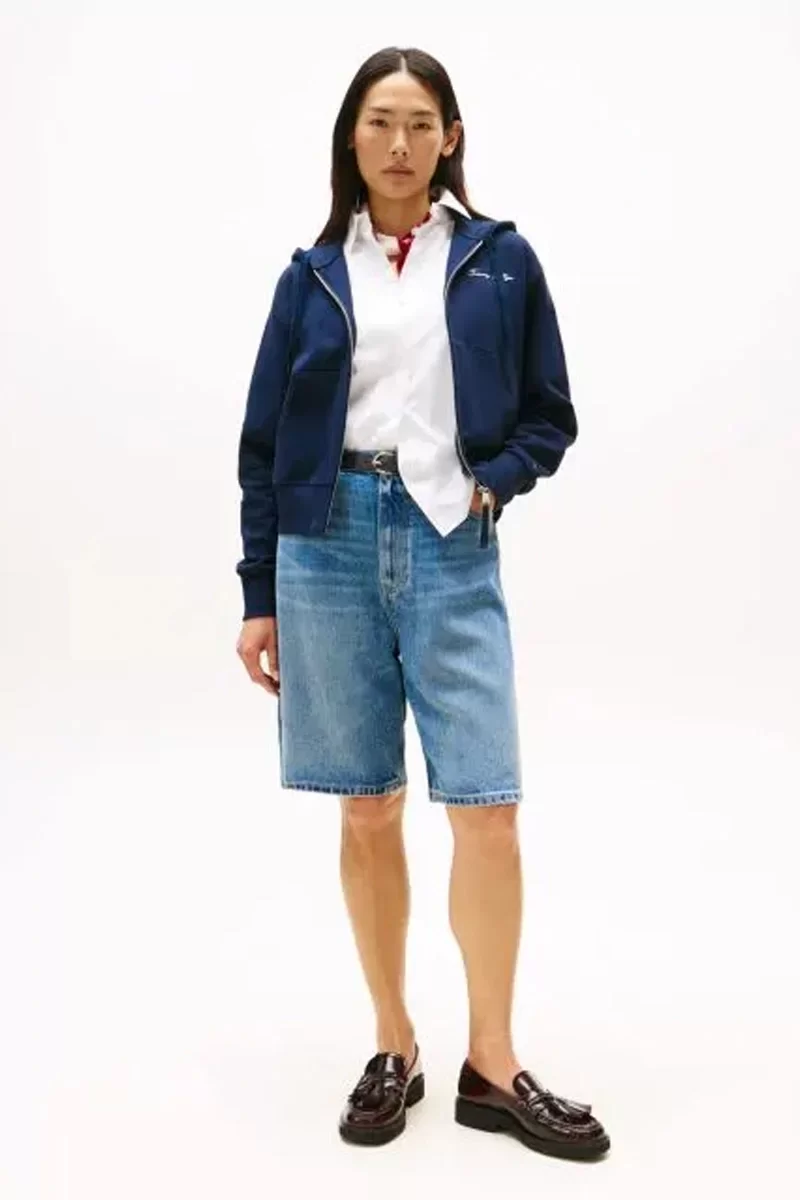 Tommy Hilfiger Kadın Yazı Baskılı Pike Fermuarlı Kapüşonlu Mavi Sweatshirt WW0WW45742C1G