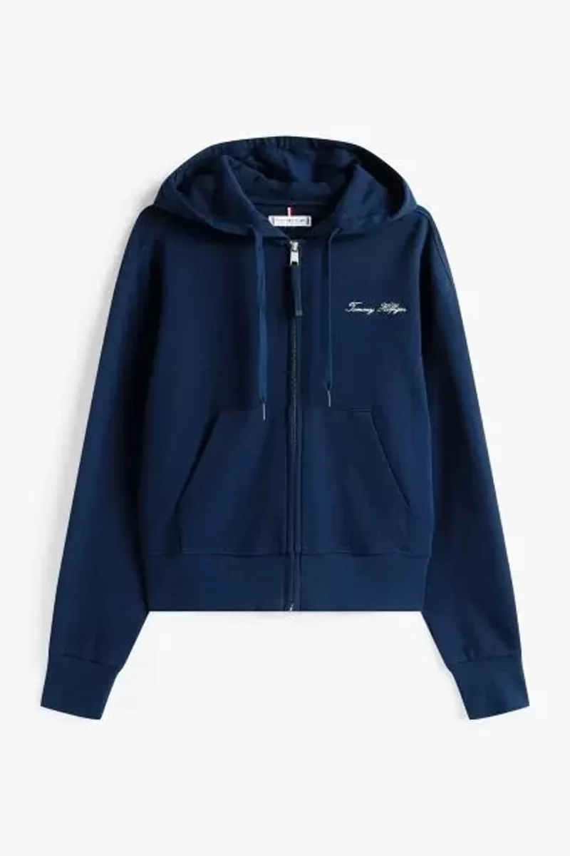 Tommy Hilfiger Kadın Yazı Baskılı Pike Fermuarlı Kapüşonlu Mavi Sweatshirt WW0WW45742C1G