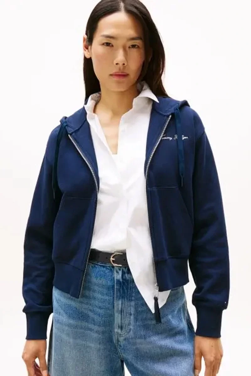 Tommy Hilfiger Kadın Yazı Baskılı Pike Fermuarlı Kapüşonlu Mavi Sweatshirt WW0WW45742C1G