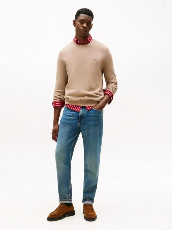 Tommy Hilfiger Klasik Dokulu Bisiklet Yaka Erkek Bej Kazak MW0MW36347AFE