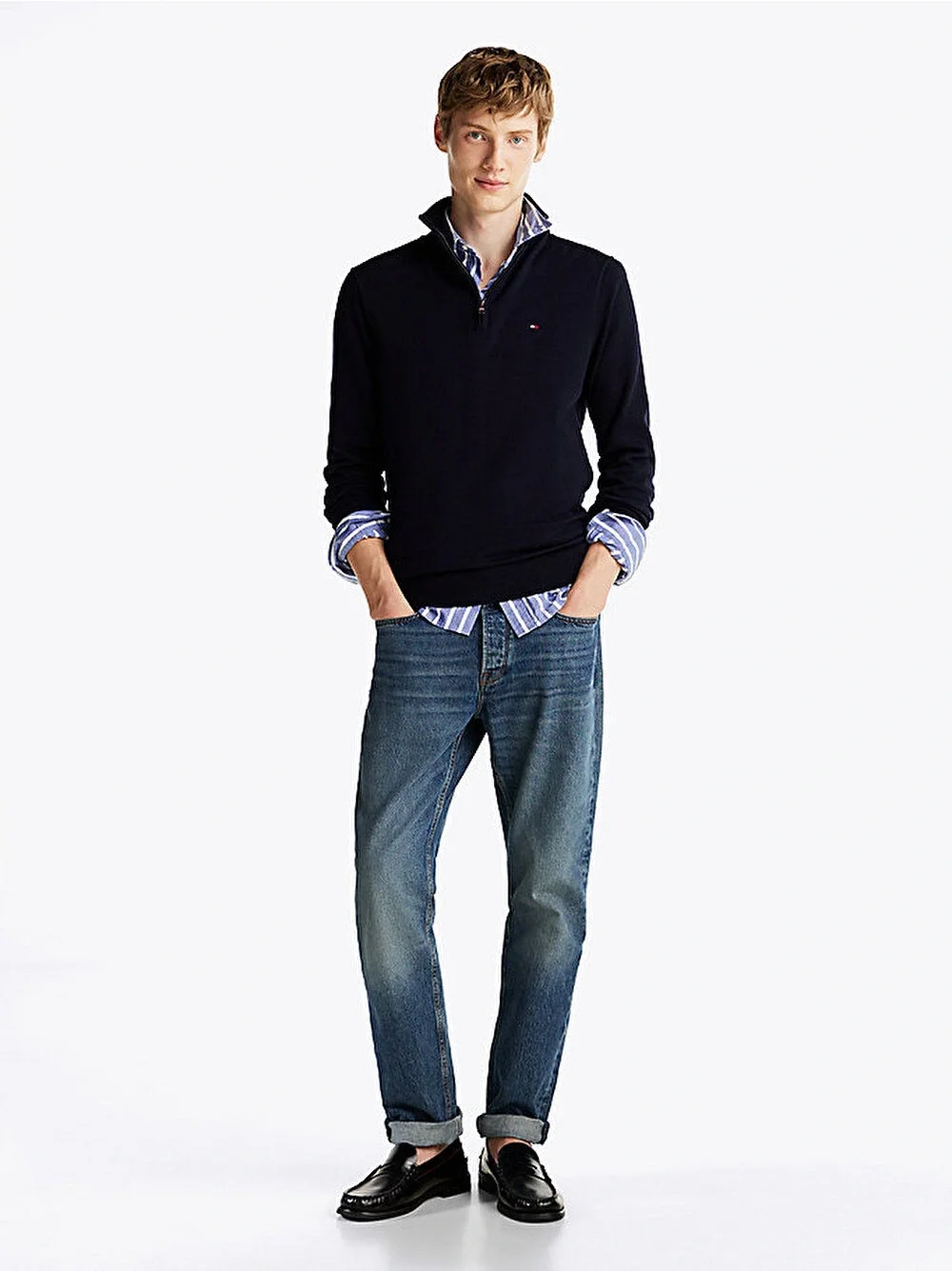 Tommy Hilfiger Klasik Pamuklu Fermuarlı Balıkçı Yaka Erkek Mavi Kazak MW0MW37331DW5