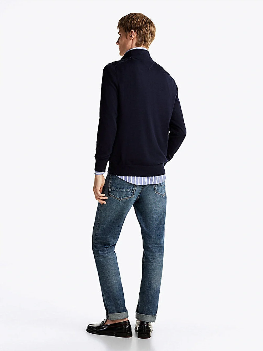 Tommy Hilfiger Klasik Pamuklu Fermuarlı Balıkçı Yaka Erkek Mavi Kazak MW0MW37331DW5