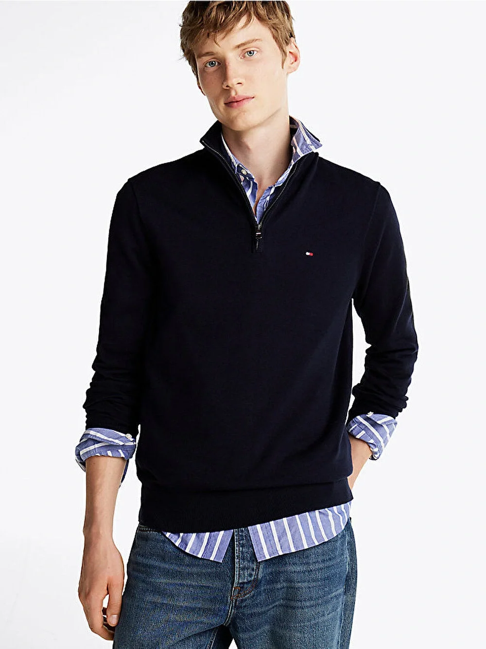 Tommy Hilfiger Klasik Pamuklu Fermuarlı Balıkçı Yaka Erkek Mavi Kazak MW0MW37331DW5