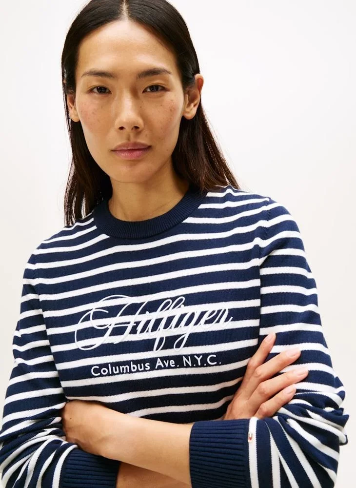 Tommy Hilfiger Pamuklu Penye Grafik Baskılı Bisiklet Yaka Uzun Kollu Kadın Mavi Kazak WW0WW473040BI