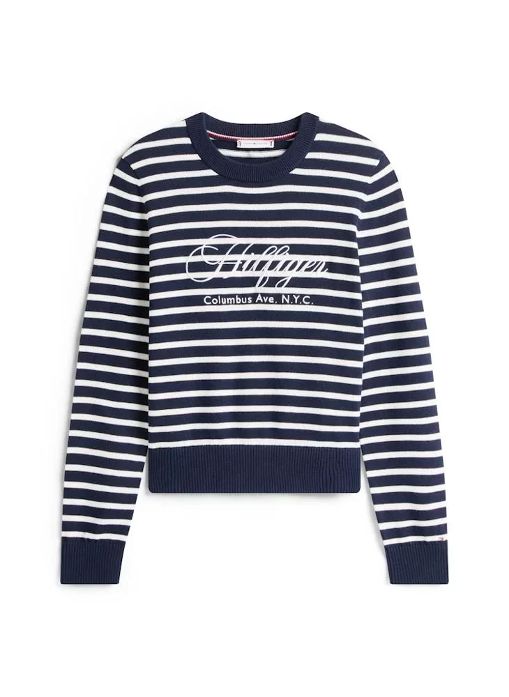 Tommy Hilfiger Pamuklu Penye Grafik Baskılı Bisiklet Yaka Uzun Kollu Kadın Mavi Kazak WW0WW473040BI
