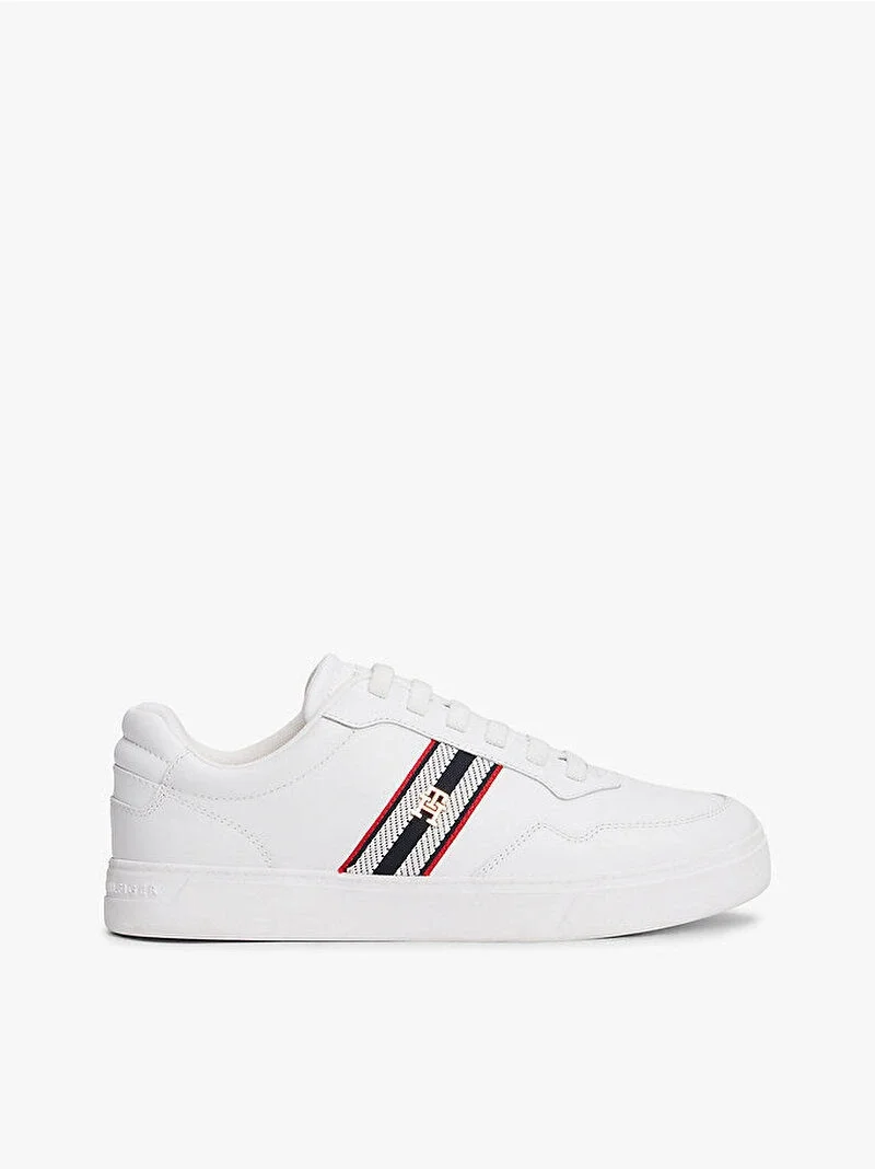 Tommy Hilfiger TH Dokuma Şeritli Düz Taban Kadın Beyaz Sneaker FW0FW09001YBS