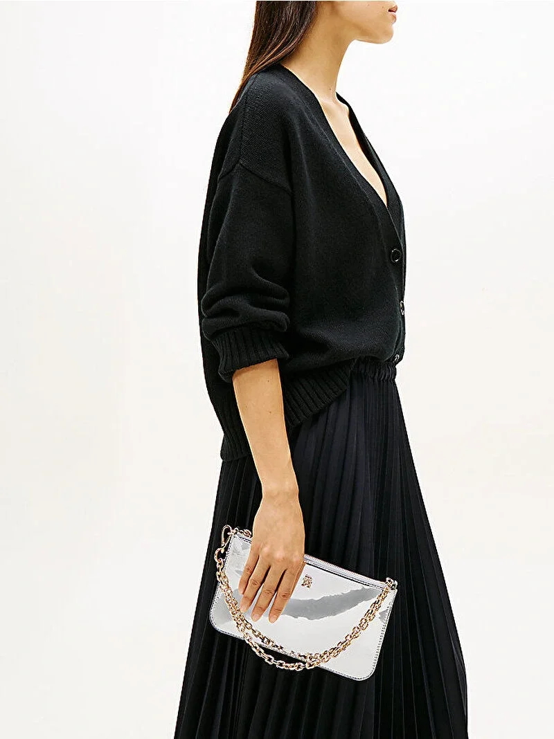 Tommy Hilfiger TH Icon Metalik Zincirli Omuz Kadın Gri Cüzdan AW0AW18219PE6