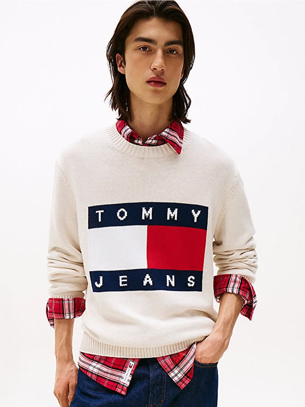 Tommy Hilfiger TJM Normal Kesim Melanj Bayrak Desenli Erkek Bej Kazak DM0DM22105AFN