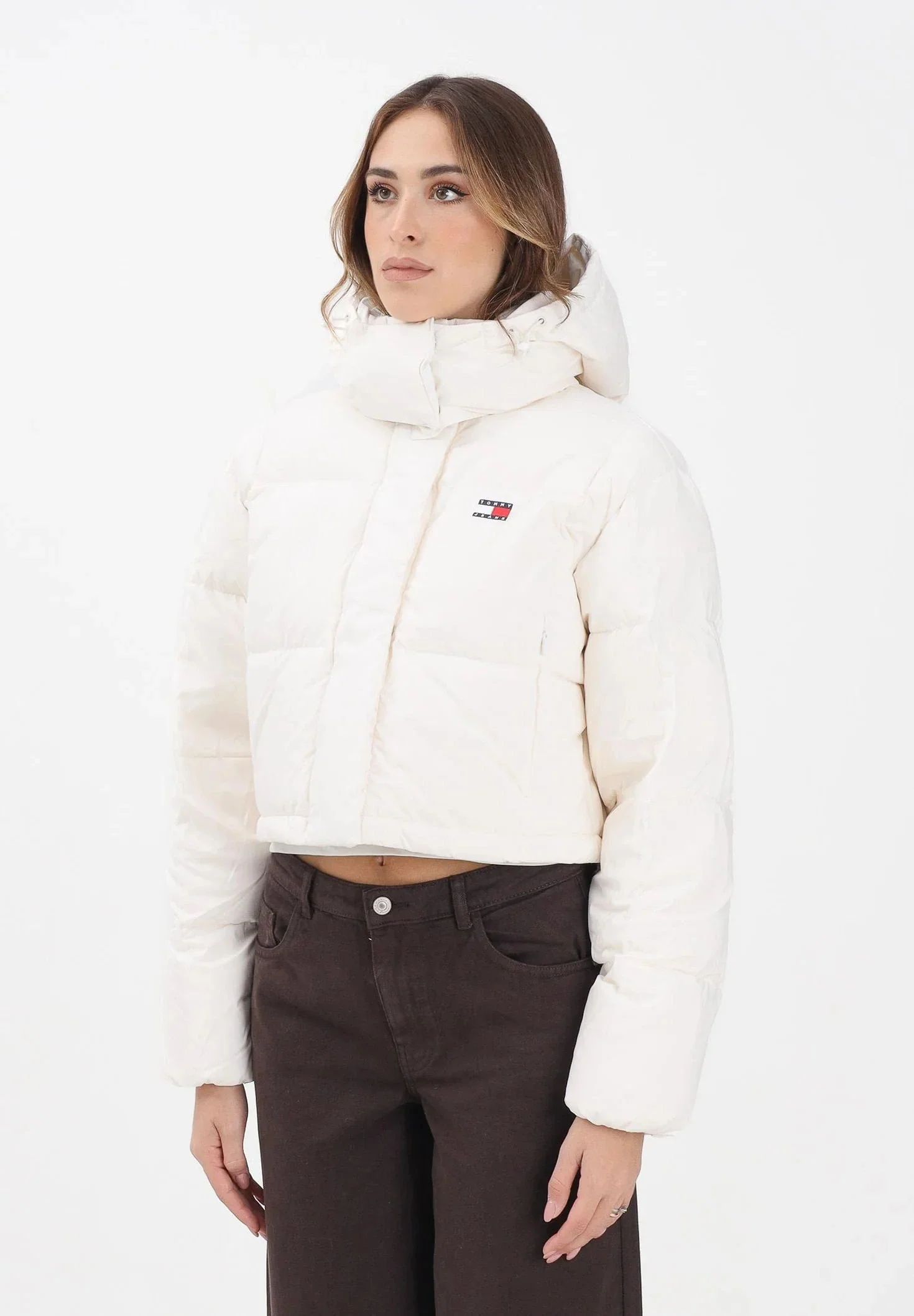 Tommy Hilfiger TJW Alaska Grid Kısa Kuş Tüyü Kadın Beyaz Ceket DW0DW21624YBH