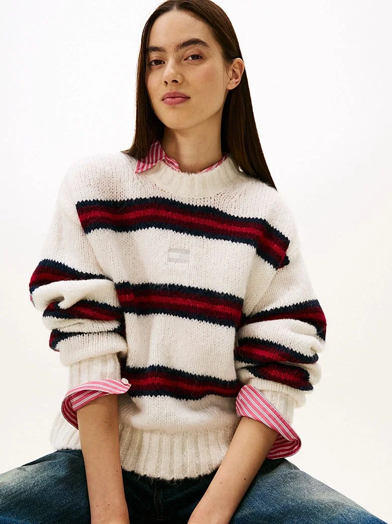 Tommy Hilfiger TJW Armalı Çizgili Yumuşak Kadın Beyaz Kazak DW0DW21679YBH