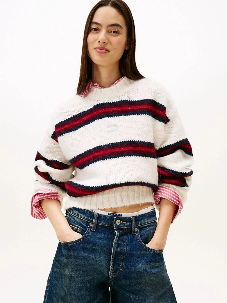 Tommy Hilfiger TJW Armalı Çizgili Yumuşak Kadın Beyaz Kazak DW0DW21679YBH