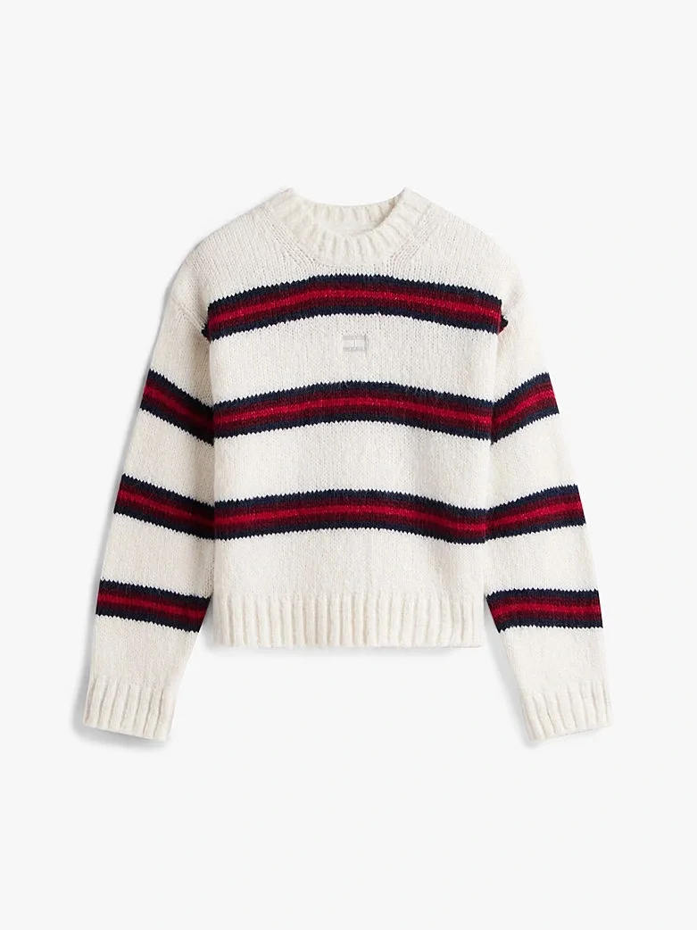Tommy Hilfiger TJW Armalı Çizgili Yumuşak Kadın Beyaz Kazak DW0DW21679YBH
