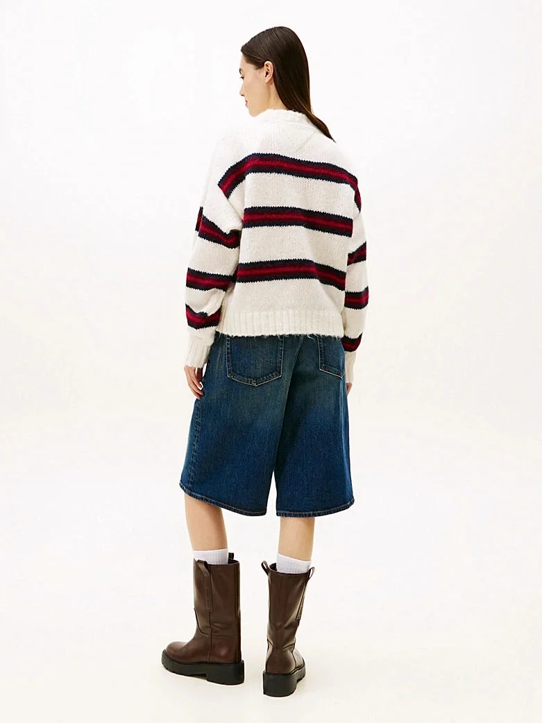 Tommy Hilfiger TJW Armalı Çizgili Yumuşak Kadın Beyaz Kazak DW0DW21679YBH