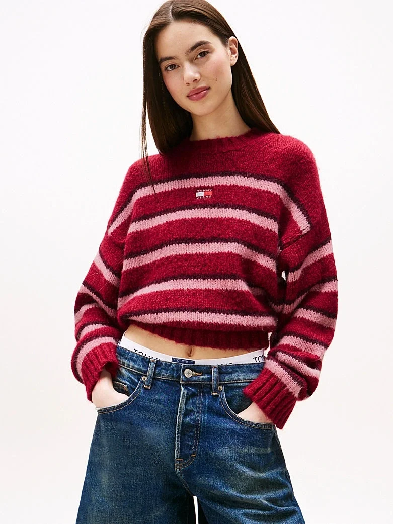 Tommy Hilfiger TJW Armalı Çizgili Yumuşak Kadın Kırmızı Kazak DW0DW21679XJP