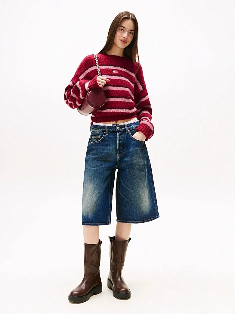 Tommy Hilfiger TJW Armalı Çizgili Yumuşak Kadın Kırmızı Kazak DW0DW21679XJP