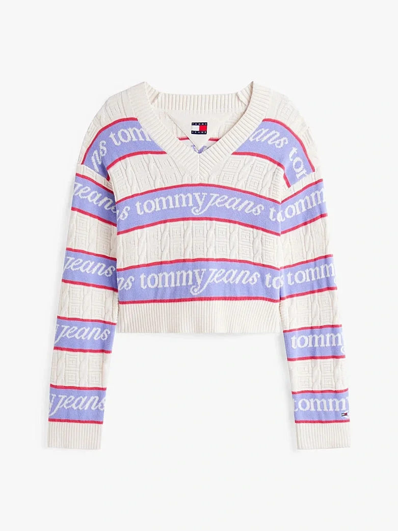 Tommy Hilfiger TJW Çizgili Logolu Kadın Beyaz Kazak DW0DW21682YBH