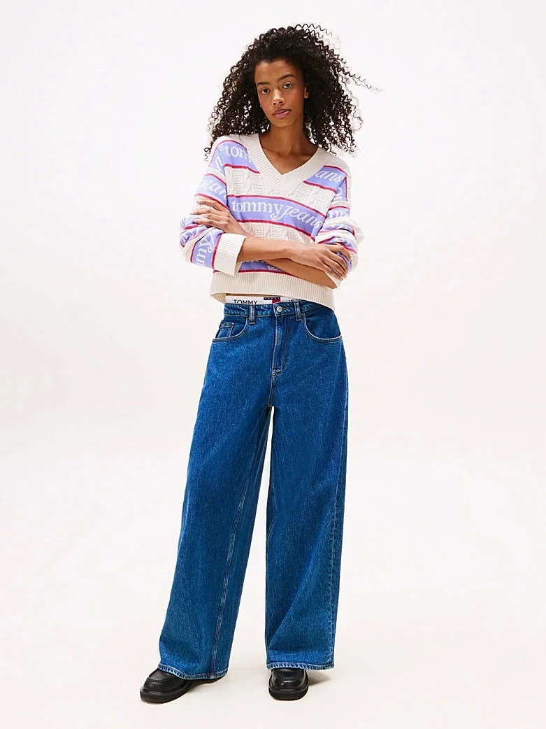 Tommy Hilfiger TJW Çizgili Logolu Kadın Beyaz Kazak DW0DW21682YBH