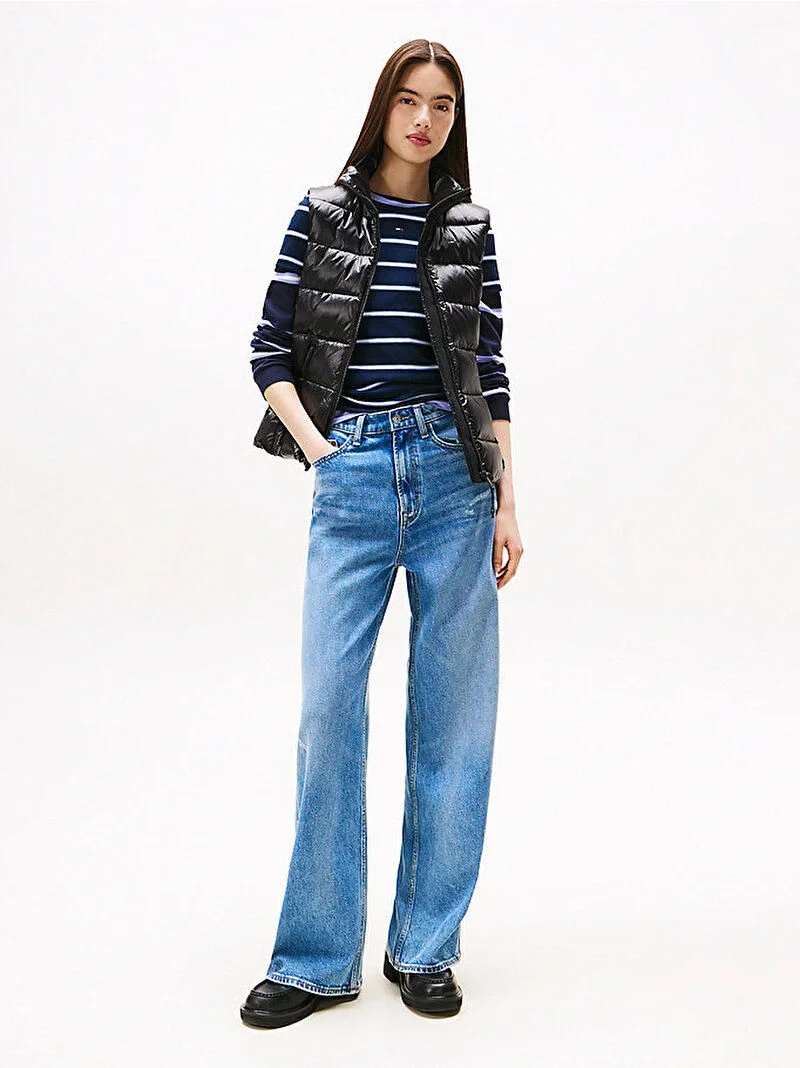 Tommy Hilfiger TJW Dar Kesim Fermuarlı Baskılı Kuş Tüyü Kadın Siyah Yelek DW0DW21622BDS